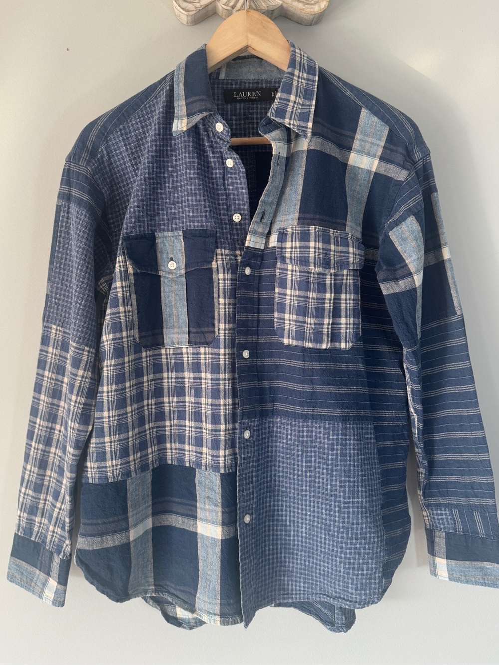 Lauren Ralph Lauren Indigo Patchwork Plaid Linen-Blend Button Down Shirt Small - Picture 6 of 14